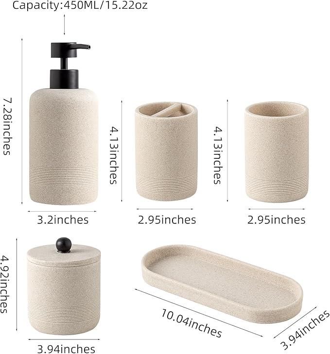 Haocoott Bathroom Accessories Set, 6 PCS Modern Bathroom Accessory Set with 15.2 OZ Soap Dispenser, Toothbrush Holder, Vanity Tray, Tumbler, 2 PCS Qtip Holders (Beige) - ModernBath