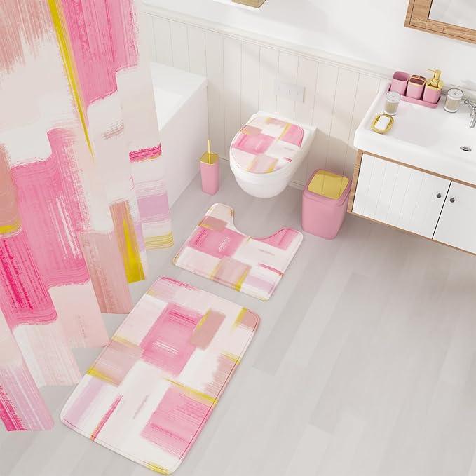 XLHOMO Bathroom Accessories Set - 25PC Bathroom Set with Shower Curtain and Rugs, Pink Bathroom Set, Bathroom Accessory Set with Press-on Lid Trash Can, Soap Dispenser and Qtip Holders - ModernBath