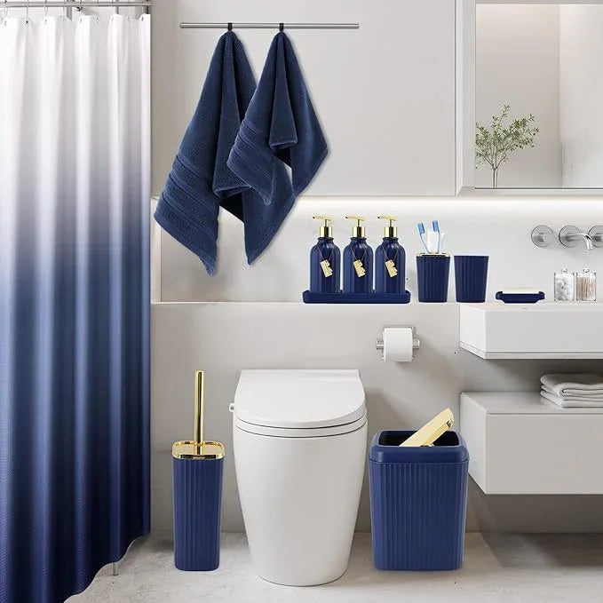 WSBArt 32PCS Bathroom Accessories Set Bathroom Set,Navy Blue Shower Curtain Set,Bath Towel Set,Hand Towel,Toilet Brush,Trash Can & 3PCS Soap Dispenser - ModernBath