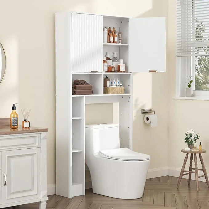31" W Over The Toilet Storage Cabinet with Fluted Door, White Bathroom Organizer with Adjustable Shelf, 67''H Tall Toilet Paper Holder Stand Wave Door for Restroom, Laundry Room - ModernBath