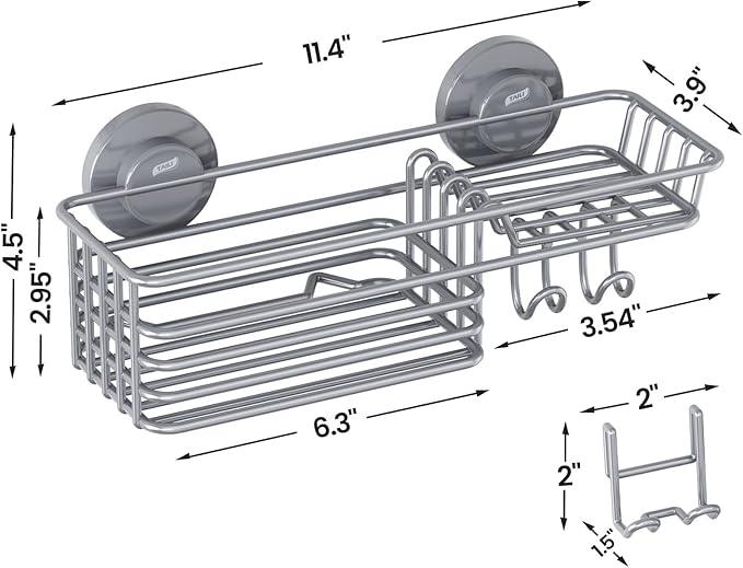 LEVERLOC Shower Caddy Suction Cup, Heavy Duty Bathroom Organizer for Inside Shower with Hooks & Soap holder， NO-Drilling Bathroom Holder-Grey - ModernBath