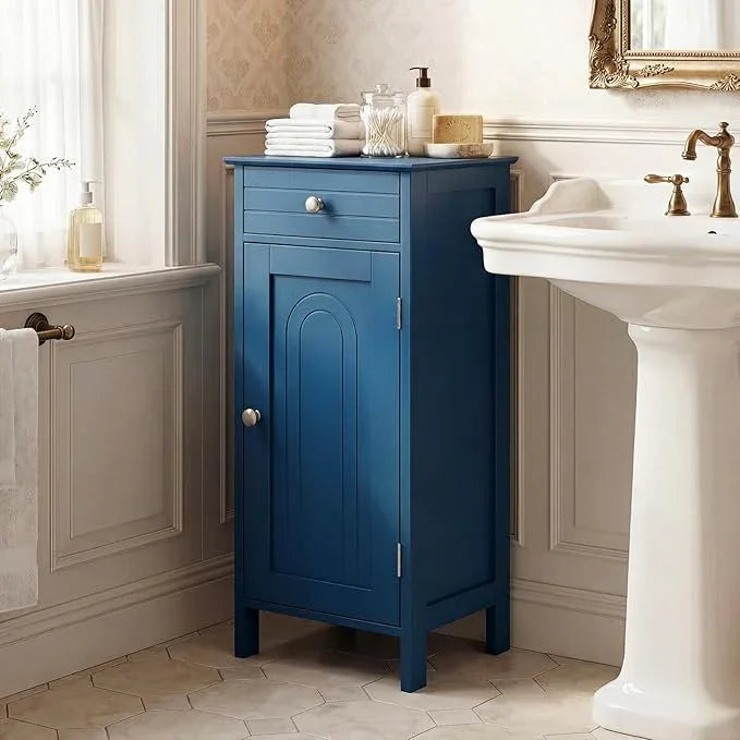 Tangkula Bathroom Floor Cabinet, Wooden Side Storage Organizer Unit, Free-Standing Single Door Floor Storage Cabinet with Large Drawer & 2 Adjustable Shelves for Living Room (Blue) - ModernBath