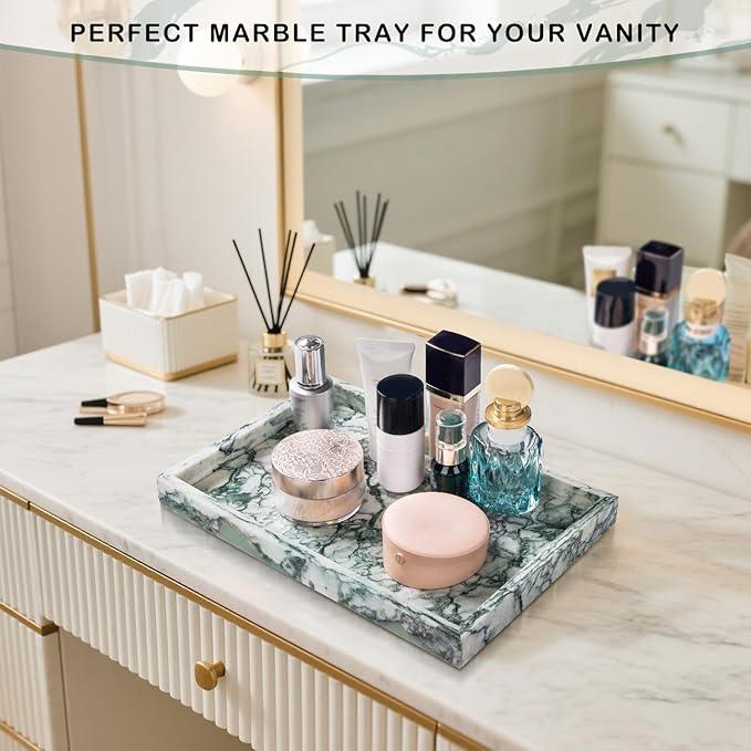 Homaura Marble Bathroom Tray for Countertop & Home Decor, Natural Decorative Marble Tray for Jewelry & Perfume Organizer, Luxury Stone Vanity Trays for Dresser, Kitchen Counter, 12" x 8", Jade Green - ModernBath