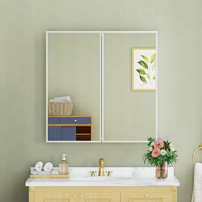 Buruis 30" x 30" Framed Medicine Cabinet with Mirror, Recessed or Wall Mounted Bathroom Cabinet, Adjustable Tempered Glass Shelves, Left/Right Open Reversible, No Assembly Required, White - ModernBath