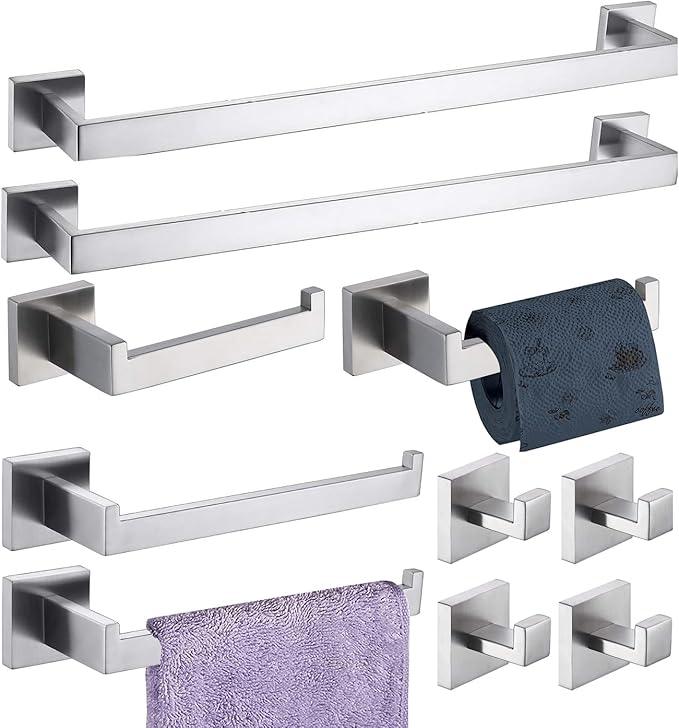 Bathroom Hardware Set 10 Piece Brushed Nickel Bathroom Accessories Set SUS304 Towel Bar Set Includes 2 Towel Bar 24 Inch+2 Towel Holder+2 Toilet Paper Holder+4 Towel Hook (10, Brush Nickel) - ModernBath