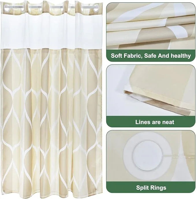 Yiatn No Hook Ivory Luxury Double Shower Curtain with Snap in Fabric Liner Set-Hotel Style with See Through Mesh Top Window, Modern Geometric Waterdrop Design,71x74 INCH - ModernBath