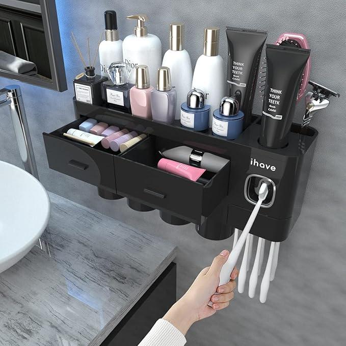iHave Toothbrush Holders for Bathrooms, 4 Cups Toothbrush Holder Wall Mounted with Toothpaste Dispenser - Large Capacity Tray, 2 Cosmetic Drawer - Bathroom Storage & Bathroom Organizer - ModernBath