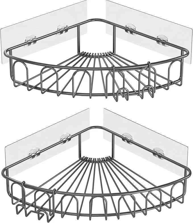 Orimade Corner Shower Caddy with 2 Hooks Wall Mounted Metal Bathroom Shelf Storage Organizer Adhesive No Drilling 2 Pack, Grey Only for 90-Degree Corner - ModernBath