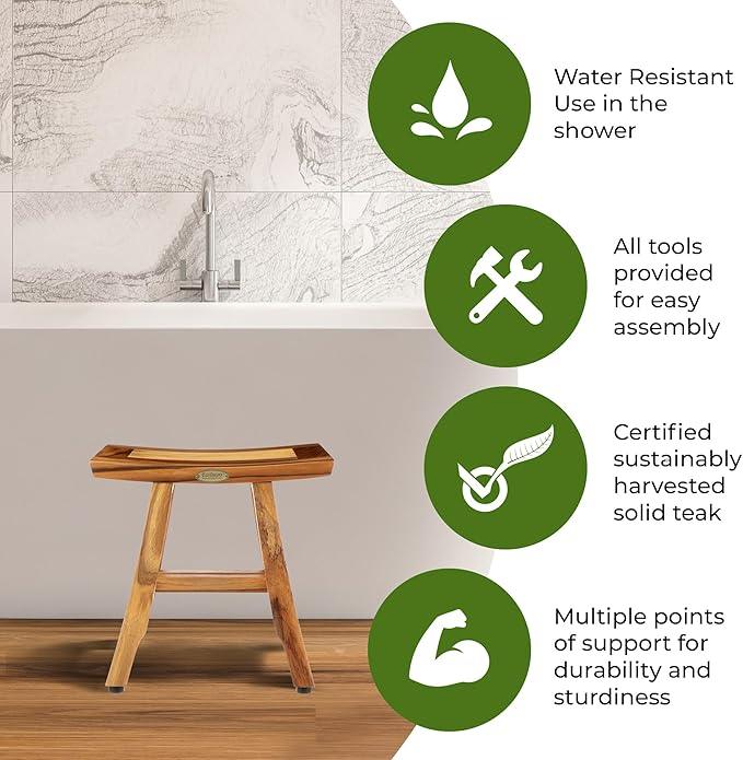 EcoDecors® Satori® 14" Solid Teak Shower Bench, Water-Resistant Bath Stool with Adjustable Feet, EarthyTeak Finish, Indoor/Outdoor Use - ModernBath