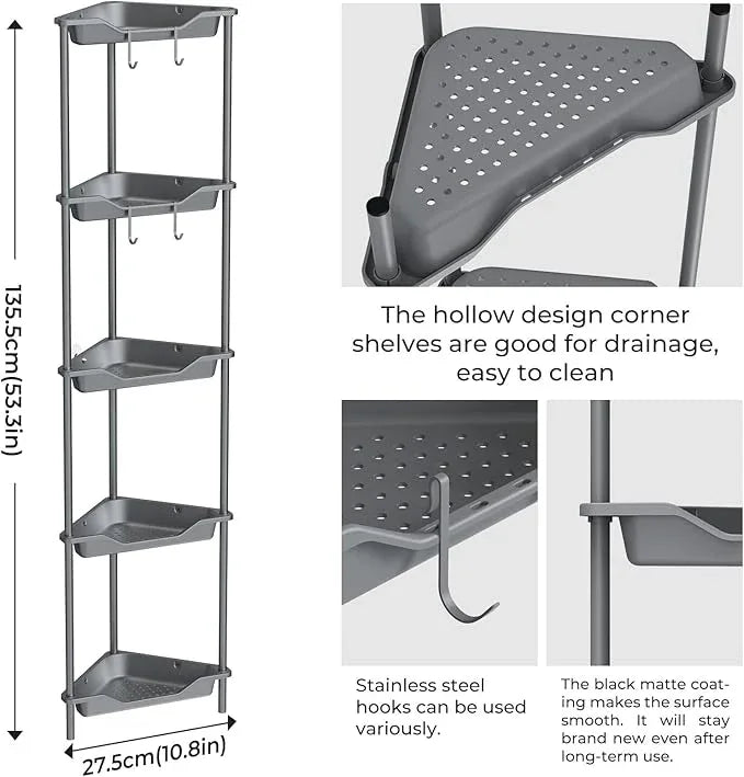 ODesign 5 Tier Floor Standing Corner Shower Caddy Organizer, Plastic Metal Floor Corner Shelf Storage Rack for Bathroom Grey - Rustproof - ModernBath