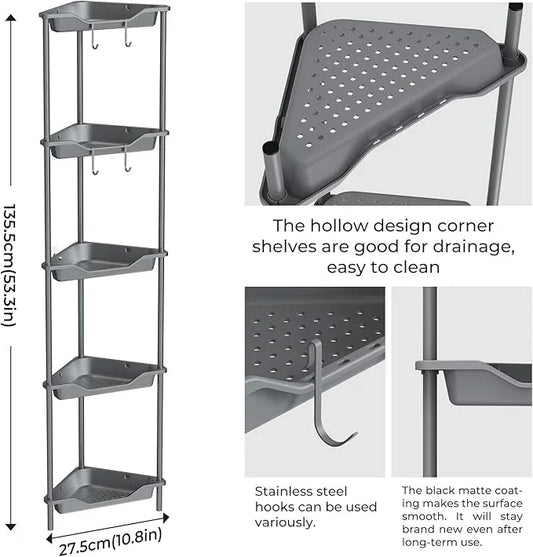 ODesign 5 Tier Floor Standing Corner Shower Caddy Organizer, Plastic Metal Floor Corner Shelf Storage Rack for Bathroom Grey - Rustproof - ModernBath