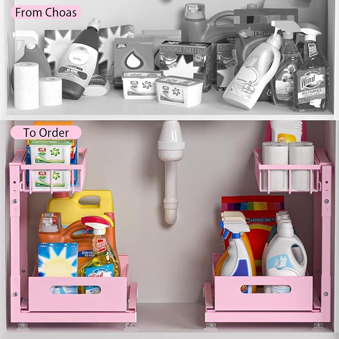 Under Sink Organizer for Kitchen and Bathroom, 2 Pack 2 Tier Pull Out Storage Rack - Height Adjustable Heavy Duty Metal Basket with High Capacity & Safety Stopper, Rustproof for Cleaning Supplies - ModernBath