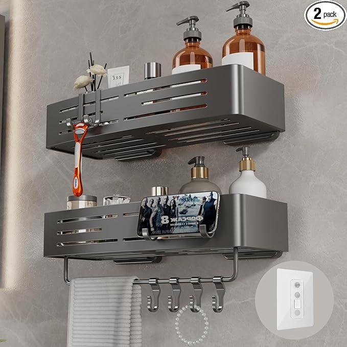 Voldra Adhesive Shower Caddy, 2 Pack Shower Shelves for Inside Shower No Drilling, Aluminum Stick On Showers Organizer with Towel Bar & Hooks Removable Bathroom Shelf Storage Rack(Gray) - ModernBath