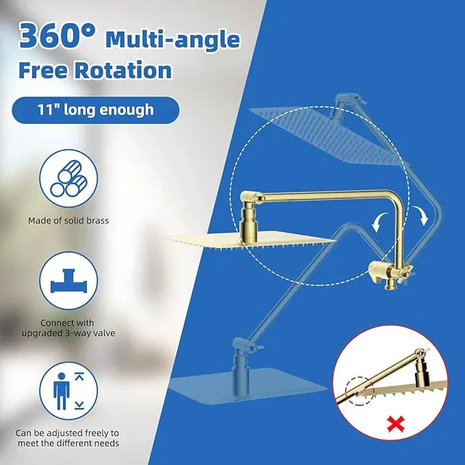 All Metal Shower Head, 10" High Pressure Rainfall/Handheld Shower Combo with 11" Extension Arm, 10-Spray Handheld Showerhead, 71" Long Hose, 3-Way Diverter Valve, Shiny Gold - ModernBath