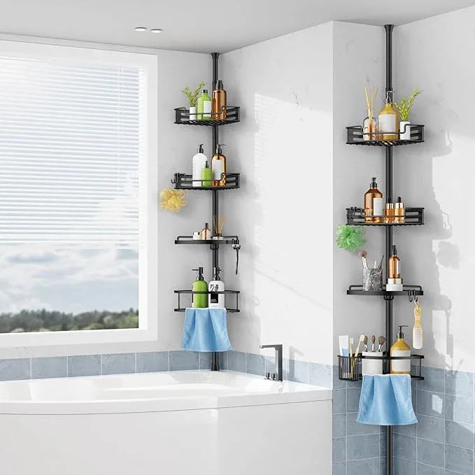 HAMITOR Corner Shower Caddy Tension Pole: Quick Installation 4-Tier Rustproof Bathroom Organizer Shelves for Bathtub Shampoo Storage - 47-121 inch Adjustable Floor Standing Bath Rack Holder - Black - ModernBath