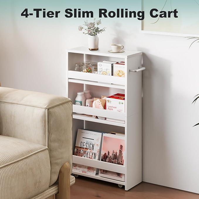 MARTY White Slim Storage Cart with Wheels, 4 Tier Rolling Utility Cart with Handle Slide Out Shelving Unit Organizer Trolley for Laundry Kitchen Bathroom Narrow Places Small Corner - ModernBath