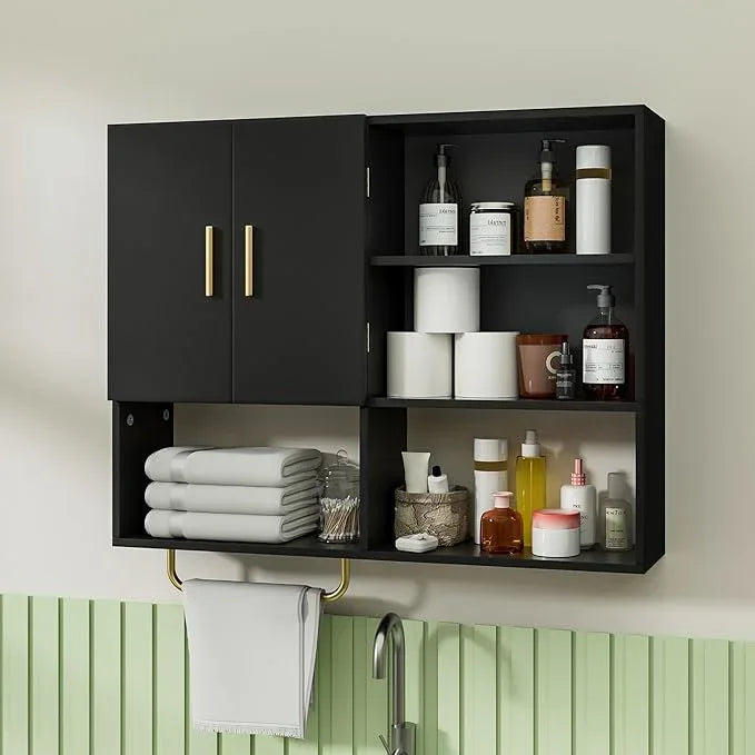 Bathroom Wall Cabinet Wood Large Wall Mounted Medicine Cabinet with 2 Doors and 4 Open Shelves Over Toilet Storage Cabinet Organizer with Towel Bar, Black - ModernBath