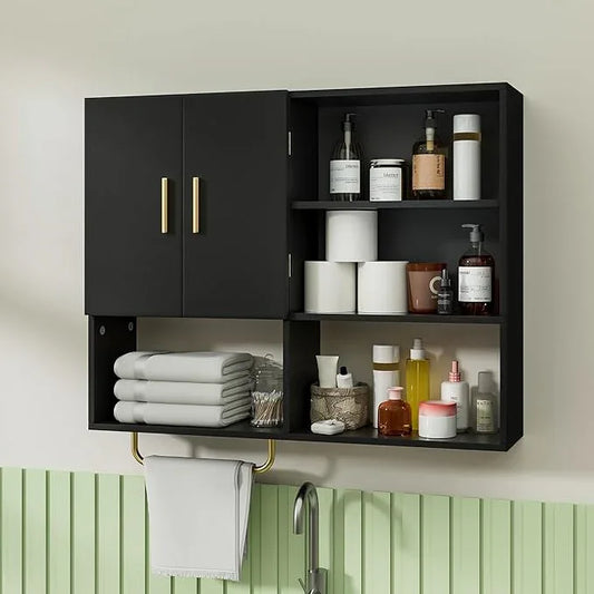 Bathroom Wall Cabinet Wood Large Wall Mounted Medicine Cabinet with 2 Doors and 4 Open Shelves Over Toilet Storage Cabinet Organizer with Towel Bar, Black - ModernBath