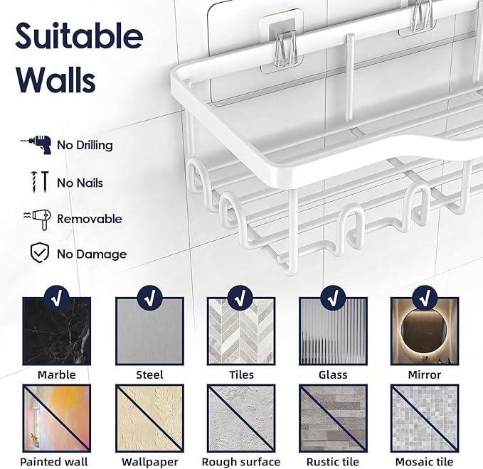 Shower Caddy Adhesive Shower Organizer 7-Pack, Rustproof Stainless Steel Bathroom Shelves, Large Capacity No-Drill Rack Storage Accessories with Soap Dish Toothbrush Holder Hooks (White) - ModernBath