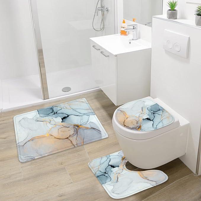 Gibelle 4 Pcs Bathroom Shower Curtain Set with Non-Slip Rugs, Toilet Lid Cover and Bath Mat, Grey Blue Marble Bathroom Decor Set with Shower Curtain and Rugs and Accessories - ModernBath