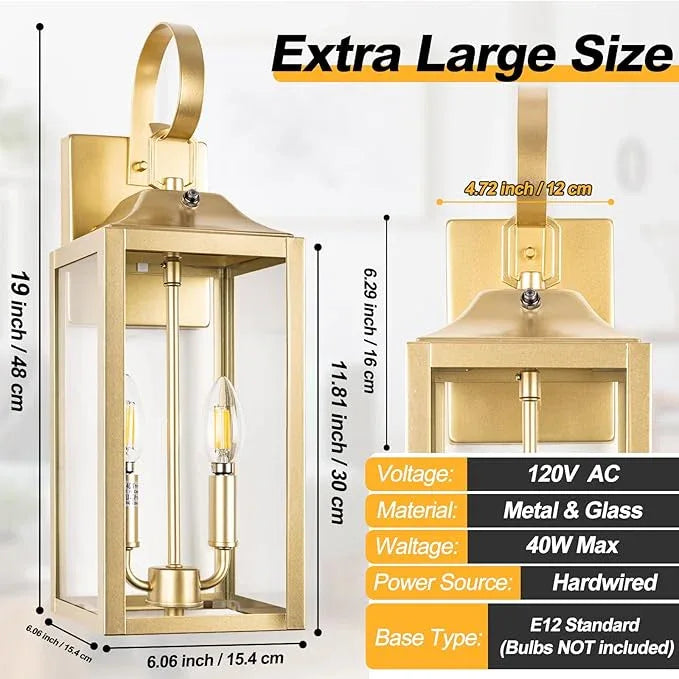 Gold Dusk to Dawn Outdoor Wall Lantern 2-Light, 19" Large Modern Wall Sconce Light Fixture, Industrial Porch Light, Waterproof Farmhouse Exterior Lamp Lighting - ModernBath