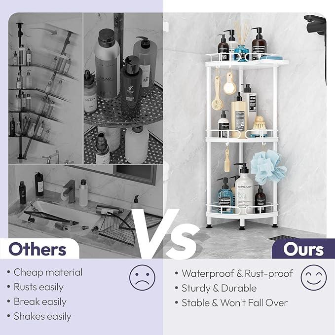SWTYMIKI Corner Shower Caddy Standing - 3 Tier Stainless Steel Shower Organizer Stand with 4 Hooks & Soap Holder, Rustproof Metal Standing Tall Floor Shower Shelf and Bathroom Organizer, White - ModernBath