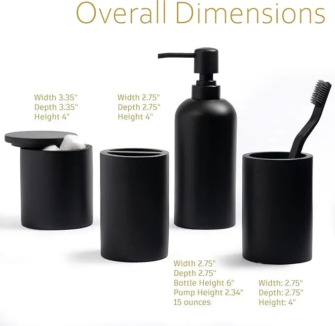 Jo Lavie Bathroom Accessory Set - 4 Pcs Matte Black Bathroom Set with Toothbrush Holder, Soap Dispenser, Tumbler & Cotton Swab Jar - Bathroom Vanity Countertop Organizer, Bathroom Decor Sets - ModernBath