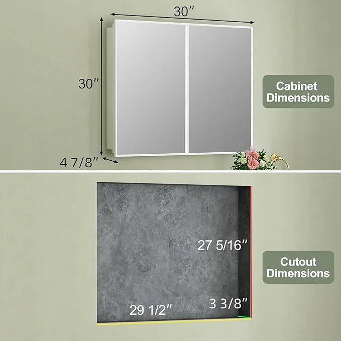 Buruis 30" x 30" Framed Medicine Cabinet with Mirror, Recessed or Wall Mounted Bathroom Cabinet, Adjustable Tempered Glass Shelves, Left/Right Open Reversible, No Assembly Required, White - ModernBath