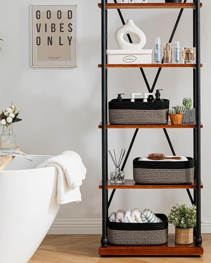 Small Woven Basket, 13.5 x 9.5 x 5 Inches, Storage Basket for Organizing, Cute Small Rope Shelf Closet Cube Storage Bins Baskets for Shelves, Dog Toy Gift Baskets Empty, 3 Pack Black & Brown - ModernBath