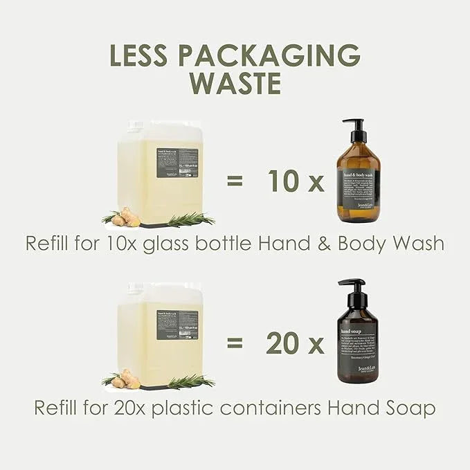 Jean & Len Hand & Body Wash Rosemary and Ginger in canister, cleans and cares for the skin, spicy fresh scent, liquid soap in refill canister, without silicones & parabens, 169.07 Fl. OZ. - ModernBath