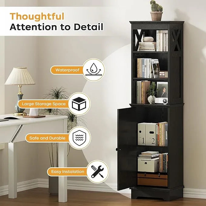 Narrow Bathroom Storage Cabinet with Door and Open Adjustable Shelves, 60.9" H Wooden Tall Tower Corner Farmhouse Cabinet, Freestanding Organizer for Kitchen, Entryway Black - ModernBath