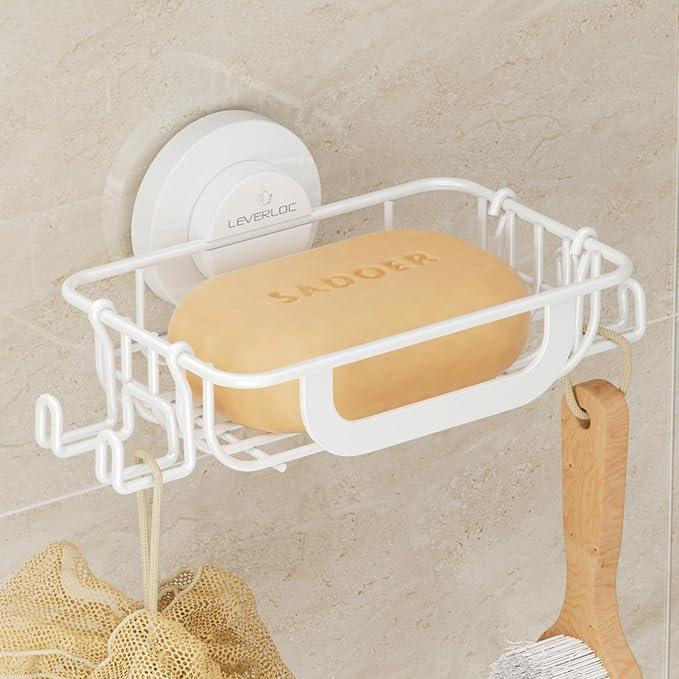 LEVERLOC Soap Holder Dish with Hooks for Shower, Bar Suction Cup Soap Tray Wall Mounted, Rustproof Stainless Steel Sponge Holder Caddy for Bathroom Bathtub Kitchen Sink, White - ModernBath