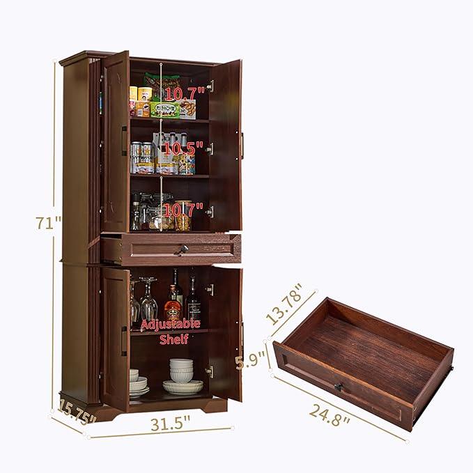 71" Tall Pantry Cabinet with Drawer and Adjustable Shelves, Modern Storage Cabinet with Doors, Kitchen Buffet Cabinet, Food Pantry Storage Cabinet, Coffee Bar, Living Room and Dining Room Cherry - ModernBath