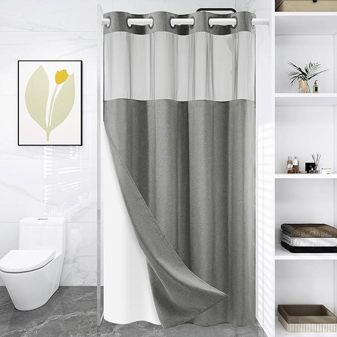 WONICY Small No Hook Shower Curtain with Snap in Liner, Polyester Textured Shower Curtain with Liner Set, Waterproof Washable Hotel Style Shower Curtains for Bathroom, 54Wx80H, Grey - ModernBath