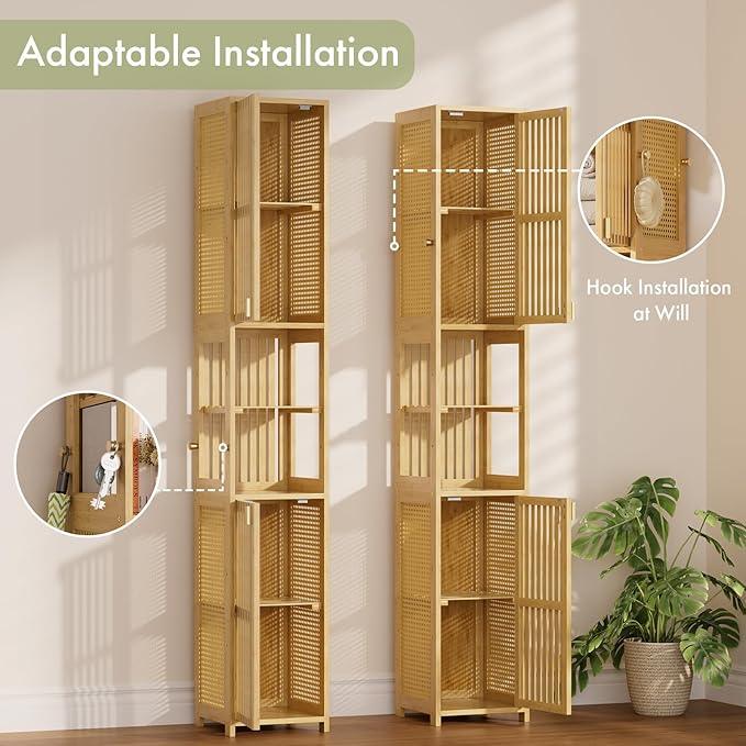 Amazer 70'' Tall Bathroom Storage Cabinet Bamboo, Narrow Storage Cabinet with Rattan Doors and Adjustable Shelves, Slim Freestanding Organizer for Living Room, Kitchen, Natural Color - ModernBath