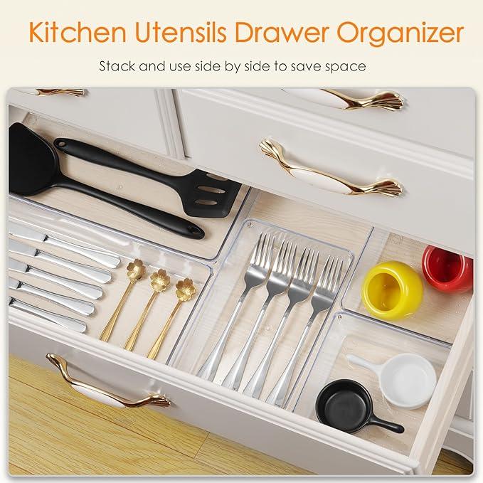 Criusia Drawer Organizer, 10 Pack Large Clear Plastic Set, 3 Size Versatile Bathroom and Vanity Organizer Trays, Storage Bins for Makeup, Bedroom, Kitchen Utensils - ModernBath