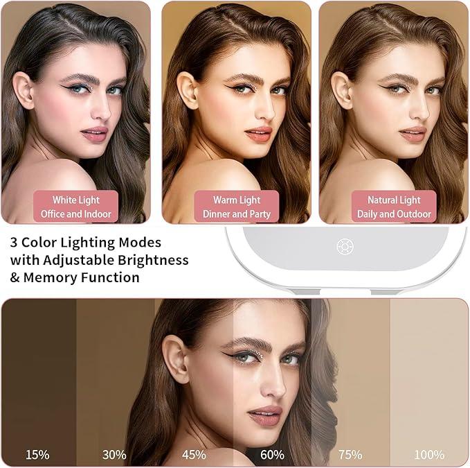 DESCHEN Rechargeable Travel Makeup Vanity Mirror with Lights and Magnification, Portable 1X/10X Magnifying Mirror with 3 Color Light, Lighted Makeup Mirror with Magnification, Folding LED Desk Mirror - ModernBath