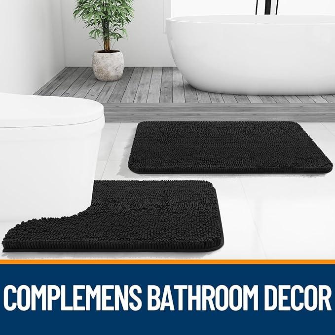 OLANLY Toilet Rugs U-Shaped 24x24, Extra Soft Absorbent Chenille Contour Bathroom Rugs for Toilet, Dry Quickly, Machine Washable, Non-Slip Bath Mat, Black - ModernBath