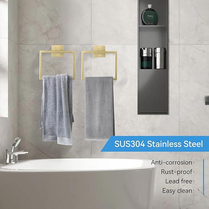 LANC Hand Towel Rings for Bathroom Wall Mount Brushed Gold Square Hand Towel Holder for Bath Kitchen Lavatory SUS304 Stainless Steel Contemporary Style Shower Towel Towel Racks Hanger, A8896BG - ModernBath