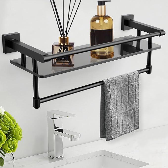 Glass Shelf for Bathroom 20 Inch Bathroom Shelves with Towel Bar Tempered Glass Shelves with Stainless Steel Towel Holder for Wall (All Matte Black) - ModernBath