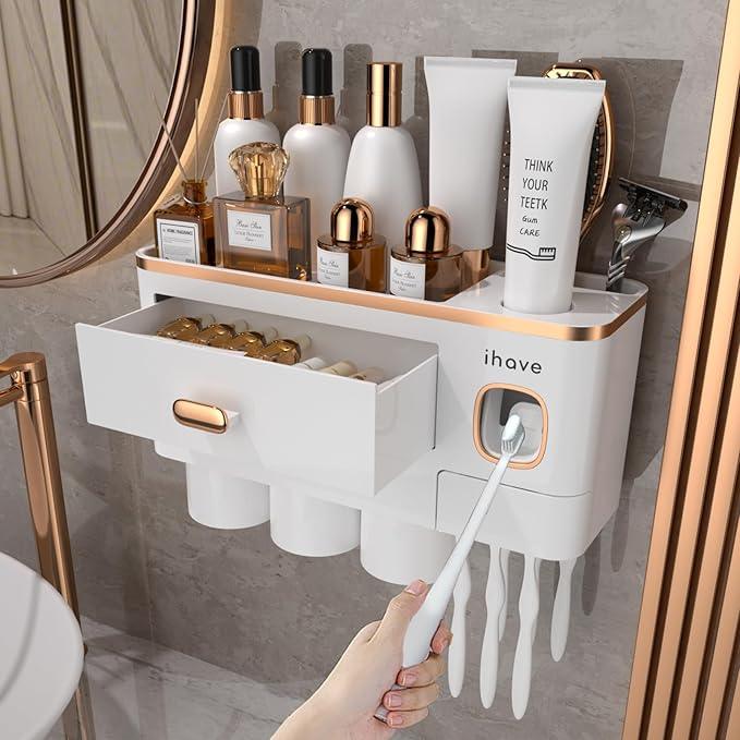 iHave Toothbrush Holders Wall Mounted with Toothpaste Dispenser & 3 Cups - Premium White and Gold Design for Bathroom Decor, All-in-One Bathroom Organizers & Storage for Toothbrushes and Accessories - ModernBath