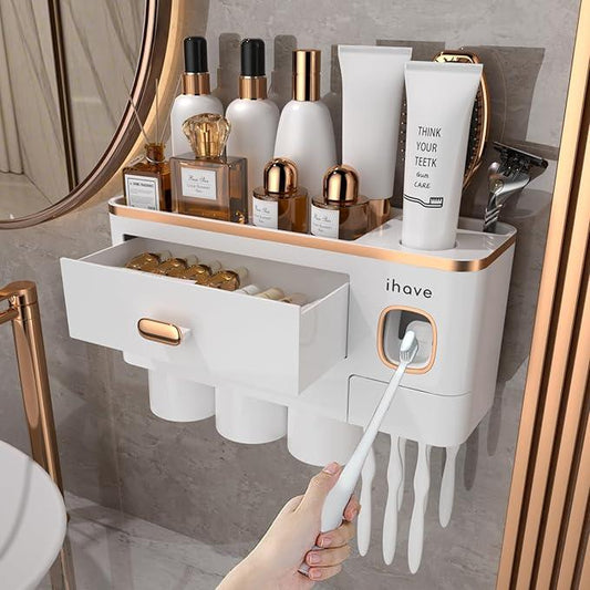 iHave Toothbrush Holders Wall Mounted with Toothpaste Dispenser & 3 Cups - Premium White and Gold Design for Bathroom Decor, All-in-One Bathroom Organizers & Storage for Toothbrushes and Accessories - ModernBath