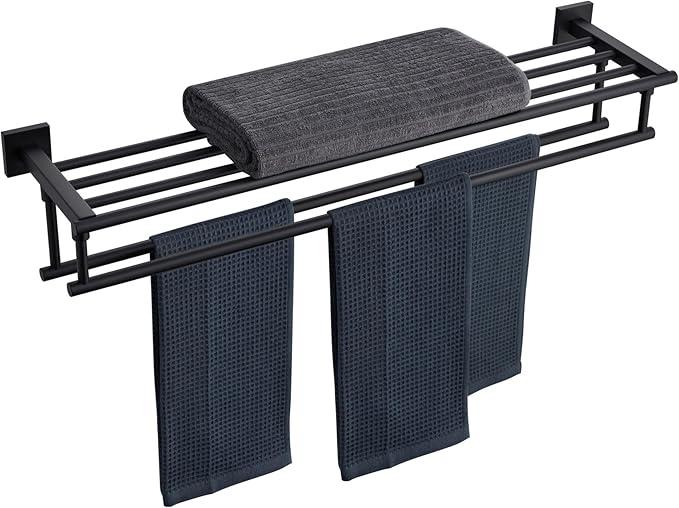 KOKOSIRI Bath Towel Rack with Double Towel Bars 32-Inch Bathroom Towel Shelves Towel Holder Wall Mounted Stainless Steel, Matte Black, B6005BK-L32 - ModernBath