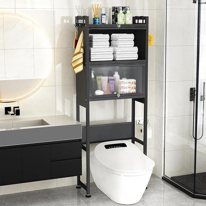 ZZL Over The Toilet Storage Cabinet,3-Tier,Bathroom Toilet Organizer,Waterproof, Cabinet Door Design,Freestanding Space Saver with 4 Hooks for Bathroom,Black - ModernBath