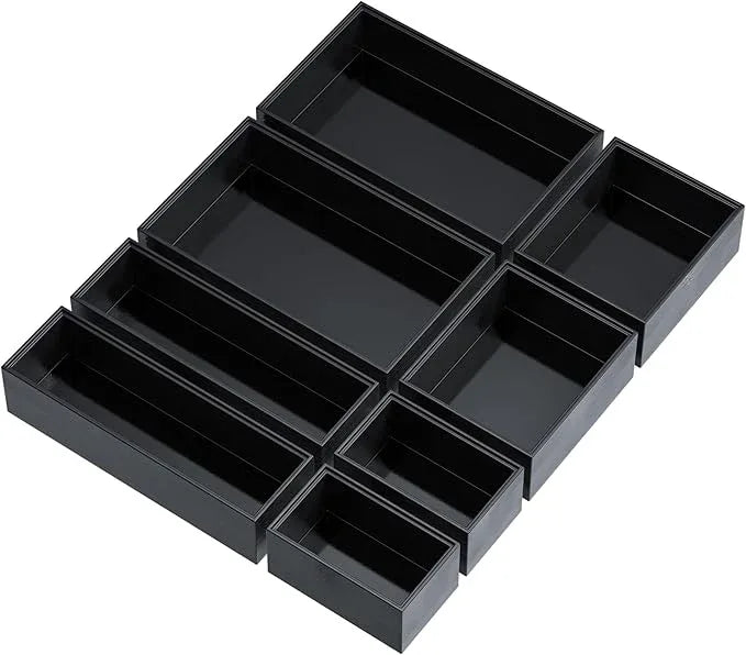 Bathroom Drawer Organizer Trays, Bamboo Drawer Organizer Kitchen Utensils Silverware Organizer, 8 PCS Wood Box Stackable Bins for Makeup, Office Desk, Junk Drawer (Black) - ModernBath