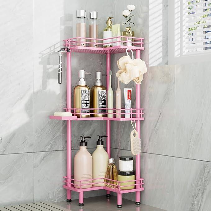 Consumest Corner Shower Caddy Standing - 3-Tier Stainless Steel Shower Organizer with Soap Holder and 4 Hooks, Large Capacity Corner Shelf Stand for Bathroom, Rest Room, Pink - ModernBath