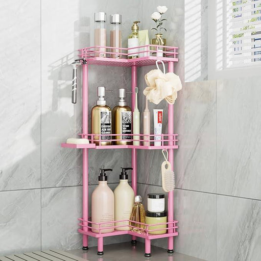 Consumest Corner Shower Caddy Standing - 3-Tier Stainless Steel Shower Organizer with Soap Holder and 4 Hooks, Large Capacity Corner Shelf Stand for Bathroom, Rest Room, Pink - ModernBath