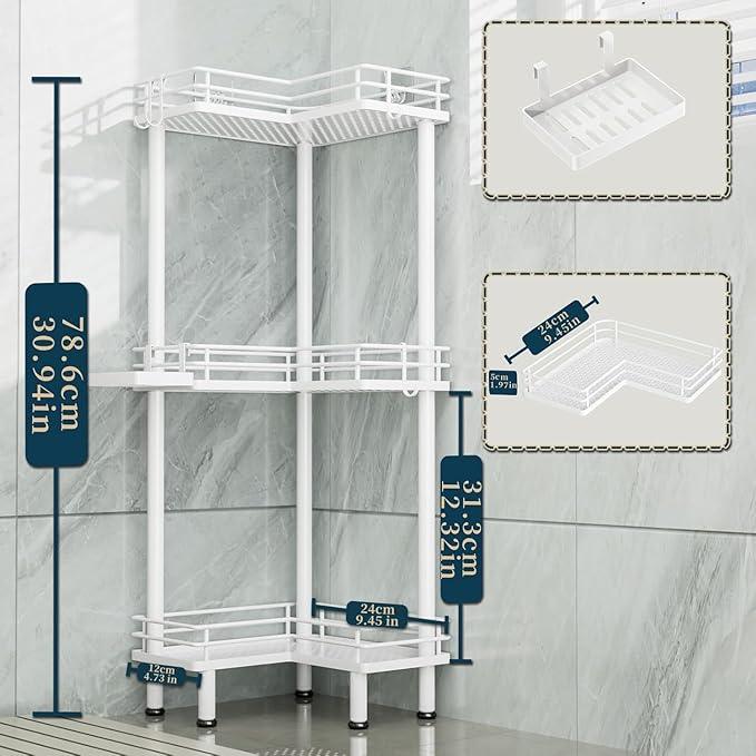 Consumest Corner Shower Caddy Standing - 3-Tier Stainless Steel Shower Organizer with Soap Holder and 4 Hooks, Large Capacity Corner Shelf Stand for Bathroom, Rest Room, White - ModernBath