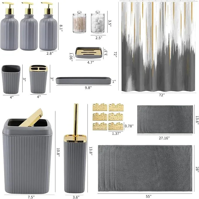 WSBArt 32PC Bathroom Accessory Set Bathroom Accessories Set Grey Bathroom Set, Shower Curtain Set, 2 Piece Bath Towel Set, 3PC Soap Dispenser, Toilet Brush & Trash Can - ModernBath