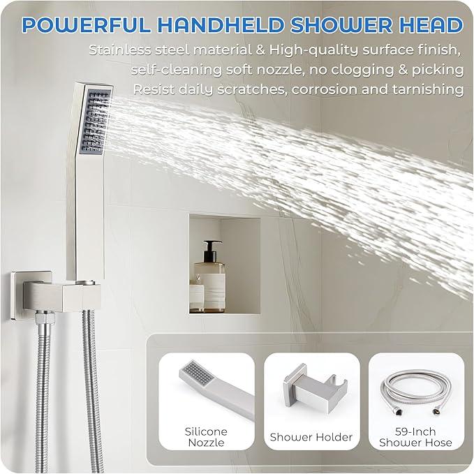 RNDIOZD Brushed Nickel Shower Faucet Set, 10 inch Rain Shower System w/Pressure Balance Valve, Wall Mounted 2-Functions Bathroom Shower Systems w/Rain Shower and Handheld Spray Shower Trim Included - ModernBath